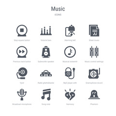 set of 16 vector icons such as phantom, harmony, song note, broadcast microphone, gramophone record, mp3 player with headphones, radio ghettoblaster, vynil from music concept. can be used for web,