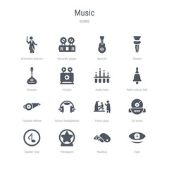 set of 16 vector icons such as eyes, nautilus, pentagram, quaver note, cd writer, piano class, school headphones, football referee whistle from music concept. can be used for web, logo, ui\u002fux
