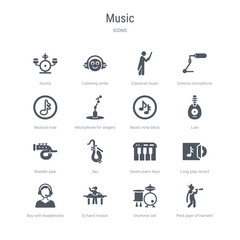 set of 16 vector icons such as pied piper of hamelin, drummer set, dj hand motion, boy with headphones, long play record cover, seven piano keys, sax, bladder pipe from music concept. can be used