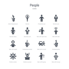 set of 16 vector icons such as man with money, man with big key, worker success, perfect worker, graduating boy, man with car and suitcase, graduating woman, target from people concept. can be used