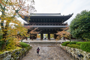 Kyoto, Japan - November 9, 2016: Beautiful historic hall at front gate of Chionin temple. The Massive Sanmon gate which is the largest wooden gate in Kyoto, Japan.