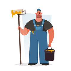 Strong Worker with Roller and Bucket of Paint. Cartoon Style. Vector Illustration
