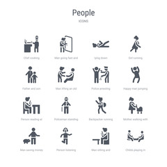 set of 16 vector icons such as childs playing in playgrpound, man sitting and reading book, person listening, man saving money, mother walking with baby stroller, backpacker running, policeman