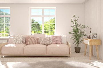 Stylish room in white color with sofa and summer landscape in window. Scandinavian interior design. 3D illustration