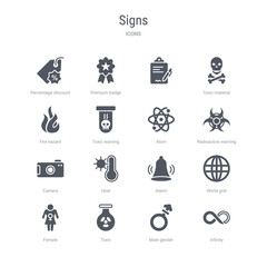 set of 16 vector icons such as infinity, male gender, toxic, female, world grid, alarm, heat, camera from signs concept. can be used for web, logo, ui\u002fux