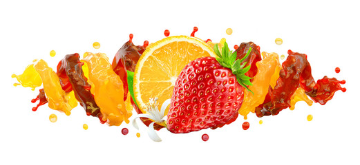 Healthy strawberry and orange fruit juices liquid splashes. Fruits juice splashing together - orange, strawberry juice in two colorful splashes. Liquid drink label design element. 3D