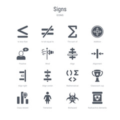 set of 16 vector icons such as radioactive elements, biohazard, femenine, class reward, classroom cup, mathematical, align center, align right from signs concept. can be used for web, logo,