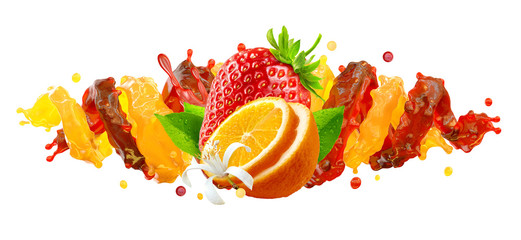 Healthy strawberry and orange fruit juices liquid splashes. Fruits juice splashing together - orange, strawberry juice in two colorful splashes. Liquid drink label design element. 3D