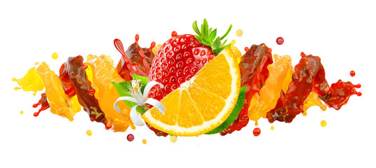 Healthy strawberry and orange fruit juices liquid splashes. Fruits juice splashing together - orange, strawberry juice in two colorful splashes. Liquid drink label design element. 3D