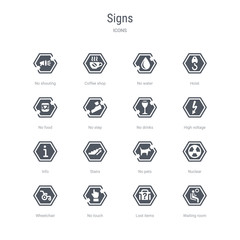 set of 16 vector icons such as waiting room, lost items, no touch, wheelchair, nuclear, no pets, stairs, info from signs concept. can be used for web, logo, ui\u002fux