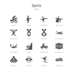 set of 16 vector icons such as hockey puck, biathlon, brazilian, equipment, basketball court, motorbike riding, trekking, scuba diving from sports concept. can be used for web, logo, ui\u002fux