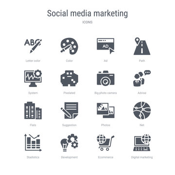 set of 16 vector icons such as digital marketing, ecommerce, development, stadistics, net, photos, suggestion, flats from social media marketing concept. can be used for web, logo, ui\u002fux