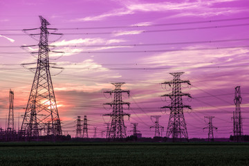 Silhouette of Power Supply Facilities at Sunset