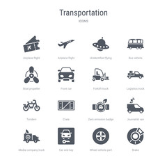 Fototapeta na wymiar set of 16 vector icons such as brake, wheel vehicle part, car and key, media company truck with satellite, journalist van, zero emission badge, crate, tandem from transportation concept. can be used