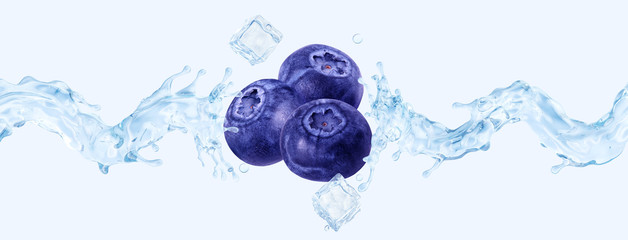  Fresh cold pure blueberry flavored water wave splash. Clean infused water or liquid fluid wave splash with blueberries. Healthy flavored detox drink splash concept with ice cubes. 3D