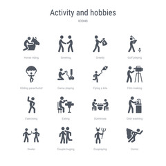 set of 16 vector icons such as comic, cosplaying, couple huging, dealer, dish washing, dominoes, eating, exercising from activity and hobbies concept. can be used for web, logo, ui\u002fux