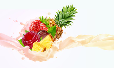 Fresh yogurt splash with ripe strawberry, pineapple, cherry and raspberry. Healthy breakfast meal design or ad element with yogurt, cream or milk, smoothie and berries. Label design. 3D