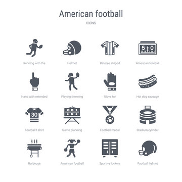 set of 16 vector icons such as football helmet, sportive lockers, american football cheerleader jump, barbecue, stadium cylinder, football medal, game planning, t shirt with number 83 from american