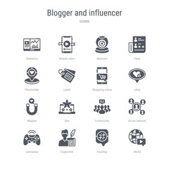 set of 16 vector icons such as world, hashtag, copywriter, gameplay, social network, community, star, magnet from blogger and influencer concept. can be used for web, logo, ui\u002fux