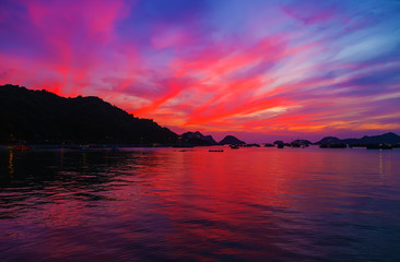 Sunset horizon sea water landscape background mountains