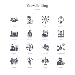 set of 16 vector icons such as tester, equity, reward, investor, crowdfunding, early bird, mailing, creator from crowdfunding concept. can be used for web, logo, ui\u002fux