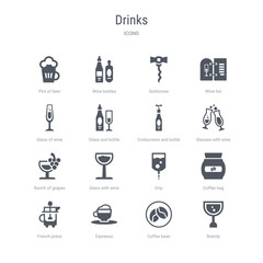 set of 16 vector icons such as brandy, coffee bean, espresso, french press, coffee bag, drip, glass with wine, bunch of grapes from drinks concept. can be used for web, logo, ui\u002fux