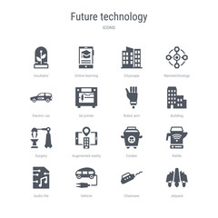 set of 16 vector icons such as jetpack, chainsaw, vehicle, audio file, kettle, cooker, augmented reality, surgery from future technology concept. can be used for web, logo, ui\u002fux