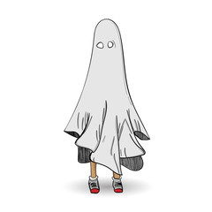 Abstract the kid is playing a blanket character, Vector drawing, creative illustration cute cartoon object on white background for decoration graphic design and artwork, Halloween holiday conceptual.