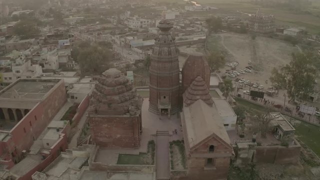 "Madana Mohana" temple in Vrindavan, India, 4k aerial ungraded/flat
