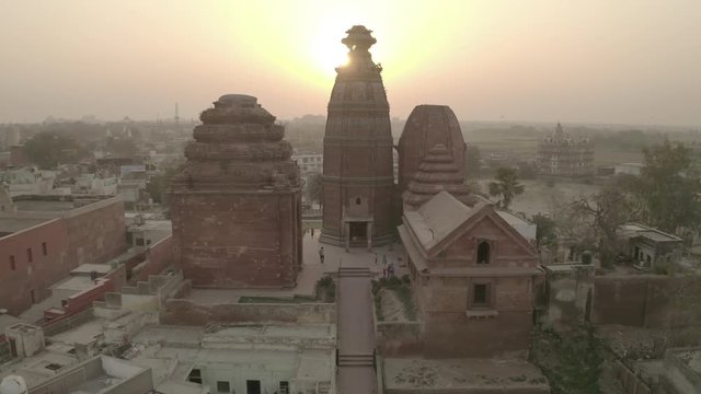 "Madana Mohana" temple in Vrindavan, India, 4k aerial ungraded/flat