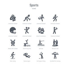 set of 16 vector icons such as dumbbell for training, golf player hitting, exercise gym, skier skiing, windsurf sea, surf sea, swimming jump, medal with number 1 from sports concept. can be used for