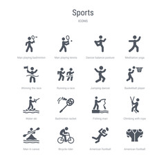 set of 16 vector icons such as american football player black t shirt cloth, american football player catching the ball, bicycle rider, man in canoe, climbing with rope, fishing man, badminton