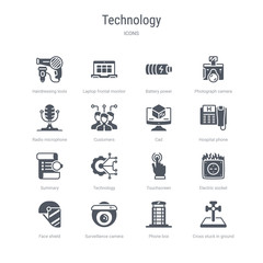 set of 16 vector icons such as cross stuck in ground, phone box, surveillance camera, face shield, electric socket on fire, touchscreen, technology, summary from technology concept. can be used for