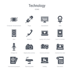 set of 16 vector icons such as calculation, holiday, operating table, international passport, camera front view, camera and heart picture, digital photo camera, vintage mic from technology concept.