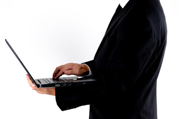 Businessman using laptop on whtie background. Copy space for advertisers. Business concept.