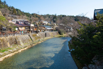 Japan-March 17, 2018, Scenery of Miyagawa river which pass through Takayama city, Takayama is famous for its well-preserved Edo style street and houses, Hida Takayama, Gifu, Japan.
