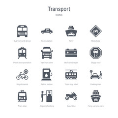 set of 16 vector icons such as ferry carrying cars, quad bike, airport checking, tram stop, parking men, tram stop label, petrol station, bicycle rental from transport concept. can be used for web,