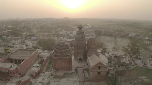"Madana Mohana" temple in Vrindavan, India, 4k aerial ungraded/flat