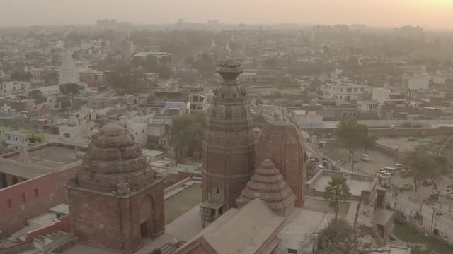 "Madana Mohana" temple in Vrindavan, India, 4k aerial ungraded/flat