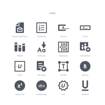 set of 16 vector icons such as underline, italic, strikethrough, superscript, bold text, text box, new page, italics from ui concept. can be used for web, logo, ui\u002fux