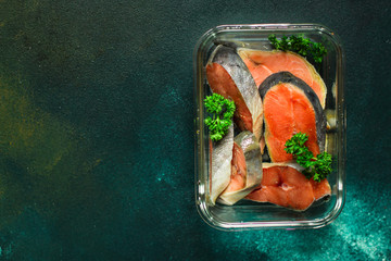 salmon piece, raw fillet (fresh seafood). food background. top