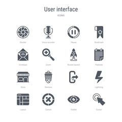 set of 16 vector icons such as cursor, visible, cancel, layout, lightning,  , remove, store from user interface concept. can be used for web, logo, ui\u002fux