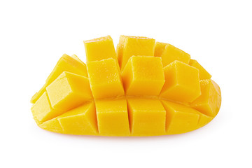 Mango cubes and slices Isolated on white background