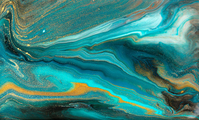 Fototapeta Blue marbling pattern. Golden marble liquid texture. obraz