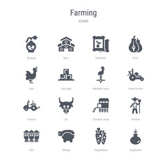 set of 16 vector icons such as vegetable, vegetables, sheep, silo, farmer, chicken coop, ox, tractor from farming concept. can be used for web, logo, ui\u002fux - obrazy, fototapety, plakaty