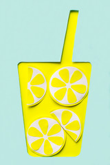 Blue background with fresh lemonade of paper, concept, summer, decor for postcard, handmade