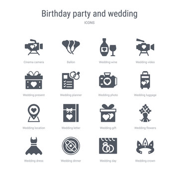 set of 16 vector icons such as wedding crown, wedding day, wedding dinner, dress, flowers, gift, letter, location from birthday party and concept. can be used for web, logo, ui\u002fux