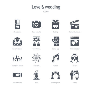 set of 16 vector icons such as marry, wedding arch, bride, movie tickets, cheer, ballad, firework, romantic dinner from love & wedding concept. can be used for web, logo, ui\u002fux
