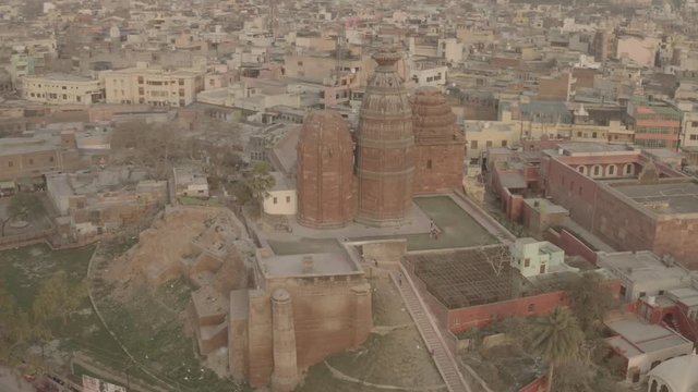 "Madana Mohana" temple in Vrindavan, India, 4k aerial ungraded/flat