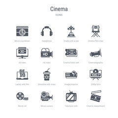 set of 16 vector icons such as cinema clapperboard, television with antenna, movie camera, movie roll, 1080p hd tv, image projector, smoothie with straw, laptop with film strip from cinema concept.